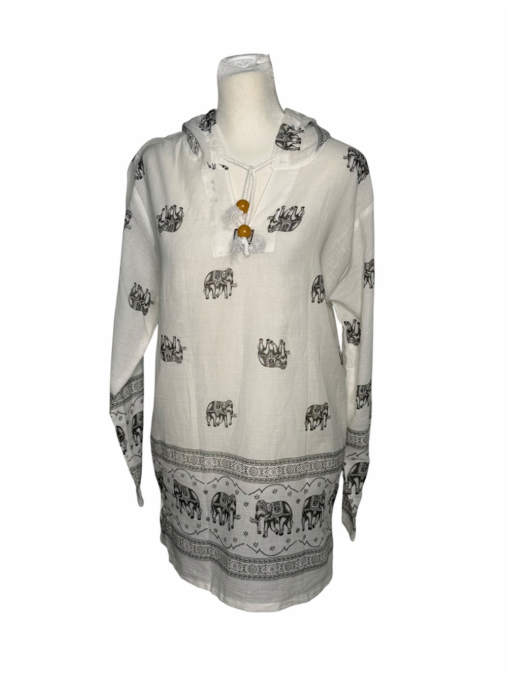 White Hippie Style Elephant Print Gauze Hooded Tunic